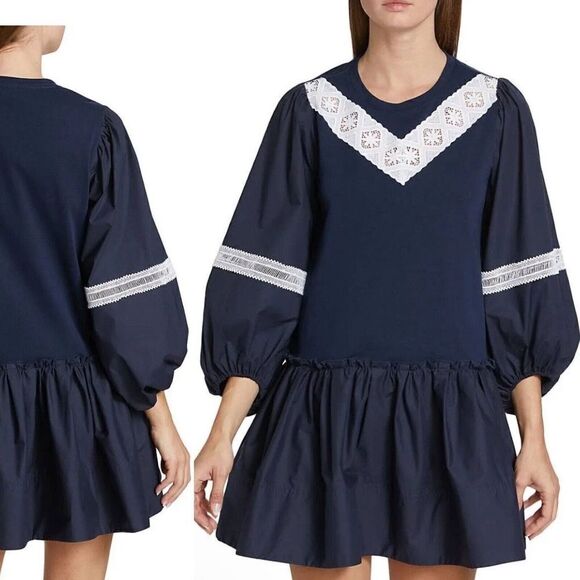 Tanya Taylor Sz M Dress Kirstie Navy Mini Lace Trim Poplin Puff Sleeve NWT $445 - Picture 1 of 9